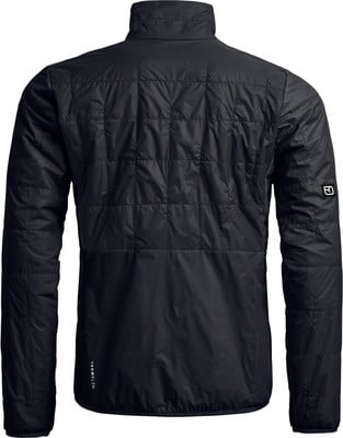 Rückansicht einer schwarzen gesteppten Jacke mit Logo auf dem Ärmel. Rückansicht einer schwarzen gesteppten Jacke mit Logo auf dem Ärmel.