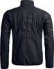 Rückansicht einer schwarzen gesteppten Jacke mit Logo auf dem Ärmel.