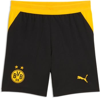 Schwarze Shorts mit gelbem BVB-Logo und Puma-Logo.
