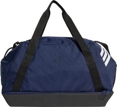Dunkelblaue Adidas Sporttasche mit schwarzen Trägern und weißen Streifen.