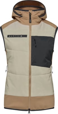 Beige gesteppte Weste mit Kapuze und schwarzer Reißverschlusstasche.