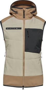 Beige gesteppte Weste mit Kapuze und schwarzer Reißverschlusstasche.