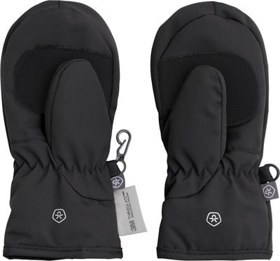 Schwarze Fäustlinge mit Logo und Thinsulate-Etikett, bereit für den Winter. Schwarze Fäustlinge mit Logo und Thinsulate-Etikett, bereit für den Winter.