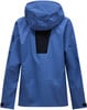 Blaue Jacke mit Kapuze, schwarzem Rückenpaneel und Gore-Tex-Logo.