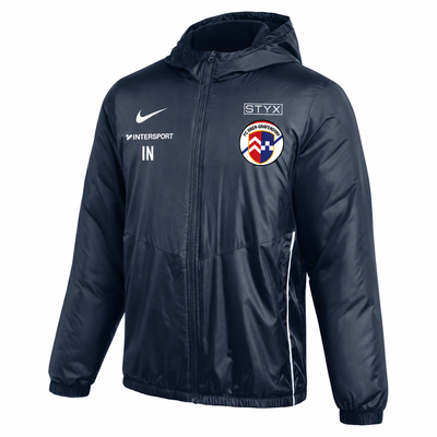 Dunkelblaue Kapuzenjacke mit Logos.