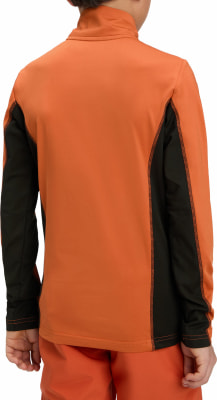 Rückansicht eines orangefarbenen Pullovers mit schwarzen Ärmeln und Kontrastnähten. Rückansicht eines orangefarbenen Pullovers mit schwarzen Ärmeln und Kontrastnähten.