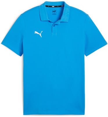 Ein blaues Puma Poloshirt mit kurzen Ärmeln und Logo auf der Brust. Ein blaues Puma Poloshirt mit kurzen Ärmeln und Logo auf der Brust.