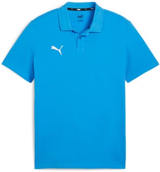 Ein blaues Puma Poloshirt mit kurzen Ärmeln und Logo auf der Brust.