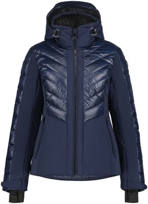 Dunkelblaue Skijacke für Damen mit gesteppter Vorderseite und Kapuze. Dunkelblaue Skijacke für Damen mit gesteppter Vorderseite und Kapuze.