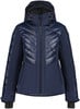 Dunkelblaue Skijacke für Damen mit gesteppter Vorderseite und Kapuze.