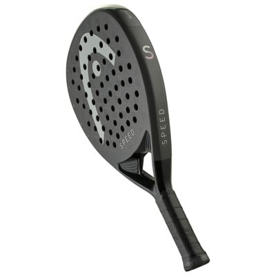 Schwarzer HEAD SPEED Tennisschläger mit Logo und Löchern auf der Oberfläche. Schwarzer HEAD SPEED Tennisschläger mit Logo und Löchern auf der Oberfläche.