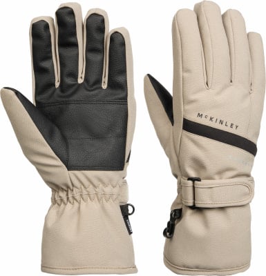 Ein Paar beige McKinley Skihandschuhe mit schwarzen Lederflächen und Details. Ein Paar beige McKinley Skihandschuhe mit schwarzen Lederflächen und Details.