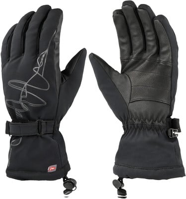 Schwarze Skihandschuhe mit Lederhandflächen und verstellbarem Riemen. Schwarze Skihandschuhe mit Lederhandflächen und verstellbarem Riemen.