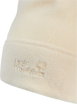 Beige Fleece-Mütze mit Jack Wolfskin Logo.