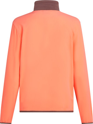 Orangefarbene Fleecejacke mit Stehkragen und braunem Saum. Orangefarbene Fleecejacke mit Stehkragen und braunem Saum.