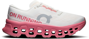 Weißer Laufschuh mit pinker Sohle und On Running Logo.