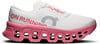 Weißer Laufschuh mit pinker Sohle und On Running Logo.