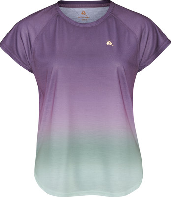 Damen-T-Shirt mit kurzen Ärmeln und Ombre-Muster in Lila- und Grüntönen.