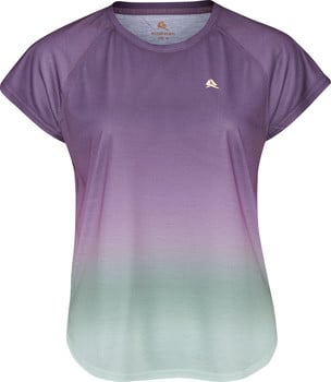 Damen-T-Shirt mit kurzen Ärmeln und Ombre-Muster in Lila- und Grüntönen.