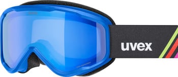 Blaue UVEX Skibrille mit buntem Streifenband und Spiegelscheibe.