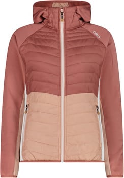 Damen-Steppjacke mit Kapuze in Rosatönen mit weißem Reißverschluss.