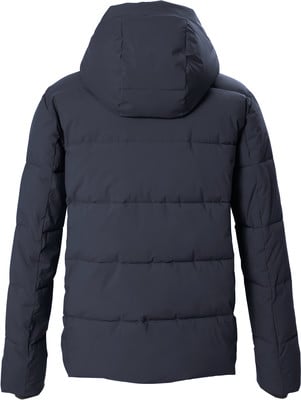 Rückansicht einer dunkelblauen Daunenjacke mit Kapuze. Rückansicht einer dunkelblauen Daunenjacke mit Kapuze.