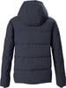 Rückansicht einer dunkelblauen Daunenjacke mit Kapuze.