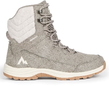 Grauer Winterstiefel mit weißem Kragen und Berglöwe.