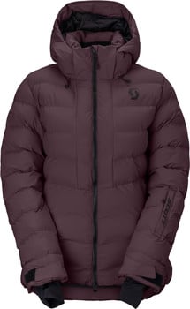 Herren dunkelweinrote Daunenjacke mit Kapuze und schwarzem Scott-Logo.