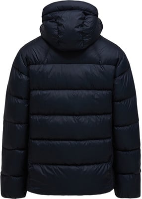 Dunkelblaue Daunenjacke mit Kapuze, Rückansicht.