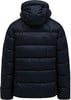 Dunkelblaue Daunenjacke mit Kapuze, Rückansicht.