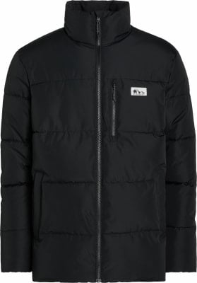 Schwarze Daunenjacke mit hohem Kragen und Markenlogo auf der Brust. Schwarze Daunenjacke mit hohem Kragen und Markenlogo auf der Brust.