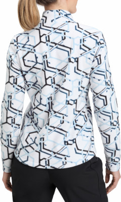 Damen-Fleecejacke in Weiß mit blau-schwarzem geometrischem Muster. Damen-Fleecejacke in Weiß mit blau-schwarzem geometrischem Muster.