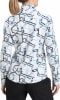 Damen-Fleecejacke in Weiß mit blau-schwarzem geometrischem Muster.