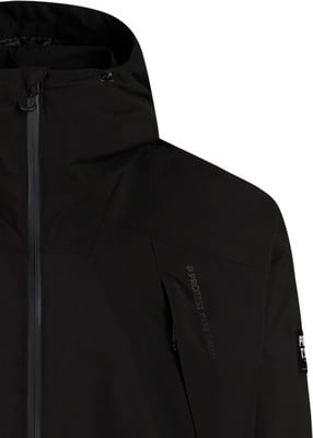 Schwarze Jacke mit Kapuze und Protest Pyre Green Logo auf dem Ärmel. Schwarze Jacke mit Kapuze und Protest Pyre Green Logo auf dem Ärmel.