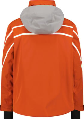 Orange Jacke mit grauem Kragen und weißen Streifen an den Ärmeln. Orange Jacke mit grauem Kragen und weißen Streifen an den Ärmeln.