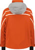 Orange Jacke mit grauem Kragen und weißen Streifen an den Ärmeln.