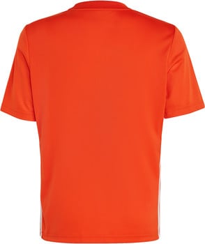 Orange T-Shirt mit kurzen Ärmeln und weißen Streifen an den Seiten.