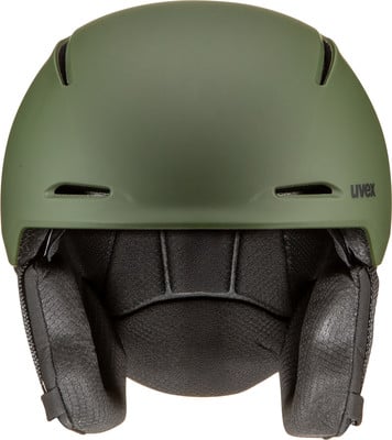 Ein grüner Skihelm mit schwarzer Polsterung und Uvex-Logo. Ein grüner Skihelm mit schwarzer Polsterung und Uvex-Logo.