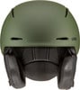 Ein grüner Skihelm mit schwarzer Polsterung und Uvex-Logo.