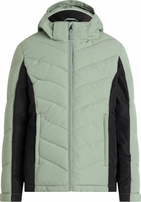 Grüne Daunenjacke mit schwarzen Einsätzen und Kapuze.