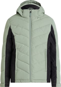 Grüne Daunenjacke mit schwarzen Einsätzen und Kapuze.