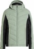 Grüne Daunenjacke mit schwarzen Einsätzen und Kapuze.