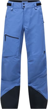 Blaue Skihose mit schwarzen Details und Peak Performance Logo.