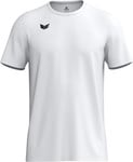 Weißes T-Shirt mit kurzen Ärmeln und schwarzem Logo auf der Brust.