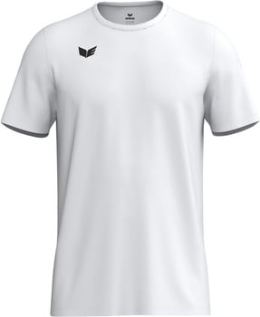 Weißes T-Shirt mit kurzen Ärmeln und schwarzem Logo auf der Brust.