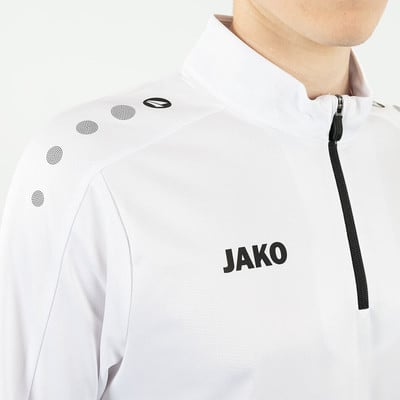 Eine weiße Jacke mit schwarzem JAKO-Logo und Schulterdetails. Eine weiße Jacke mit schwarzem JAKO-Logo und Schulterdetails.