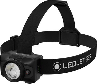 Eine schwarze Ledlenser-Stirnlampe mit verstellbarem Gurt und hellem Licht. Eine schwarze Ledlenser-Stirnlampe mit verstellbarem Gurt und hellem Licht.