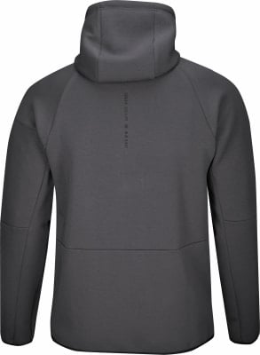 Rückansicht eines dunkelgrauen Kapuzenpullovers mit dem Aufdruck ACTIVE REBEL. Rückansicht eines dunkelgrauen Kapuzenpullovers mit dem Aufdruck ACTIVE REBEL.