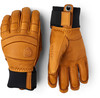 Braune Hestra Lederhandschuhe mit Logo und schwarzem Bündchen.